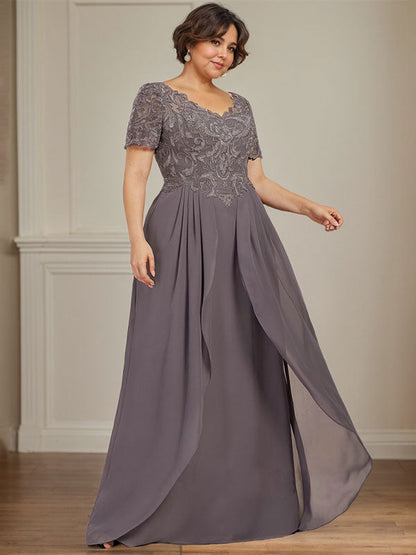 A-line V-Neck Floor-Length Chiffon Lace Mother of the Bride Dress