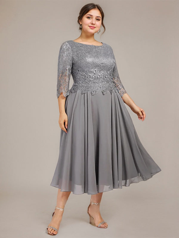 Vestido de gasa con encaje y escote redondo hasta la rodilla para madre de la novia