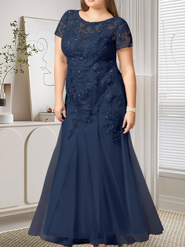Vestido de tul con lentejuelas y escote redondo de sirena en azul marino oscuro