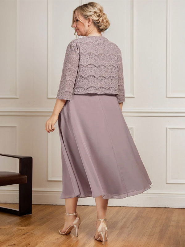 Vestido de gasa para madre de la novia con corte en A, escote redondo y largo hasta la rodilla con pliegues