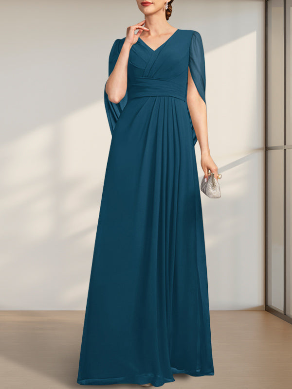 Vestido de gasa para madre de la novia con escote en V, largo hasta el suelo, con pliegues