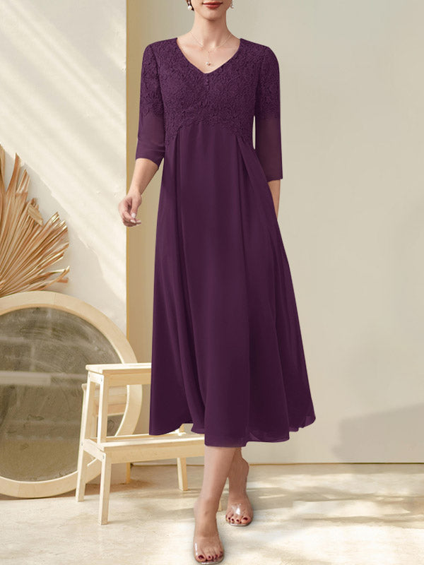 Vestido de gasa con encaje y escote en V, largo hasta la rodilla, para madre de la novia con cuentas