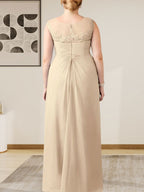 Vestido de gasa con encaje y escote redondo en forma de A color champán
