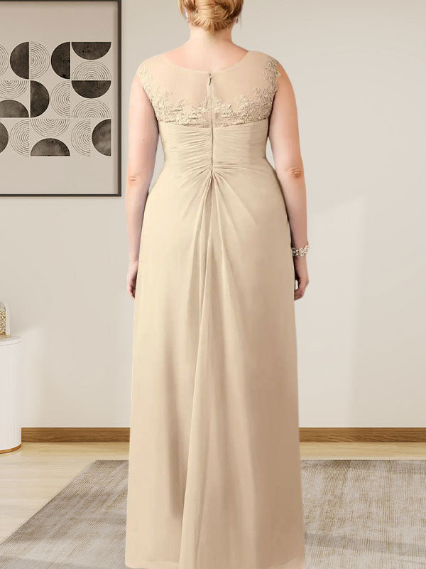 Vestido de gasa con encaje y escote redondo en forma de A color champán