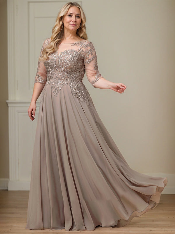 Vestido de gasa con encaje y lentejuelas para madre de la novia, corte A, escote ilusión, largo hasta el suelo