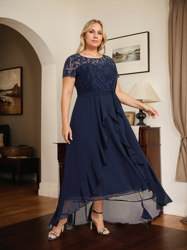 Vestido de madre de la novia de gasa asimétrica con escote en A, ilusión, encaje, lazo, volante y lentejuelas
