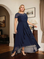 Vestido de madre de la novia de gasa asimétrica con escote en A, ilusión, encaje, lazo, volante y lentejuelas