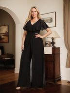 Vestido de noche de gasa con escote en V y largo hasta el suelo, tipo mono/pantalón