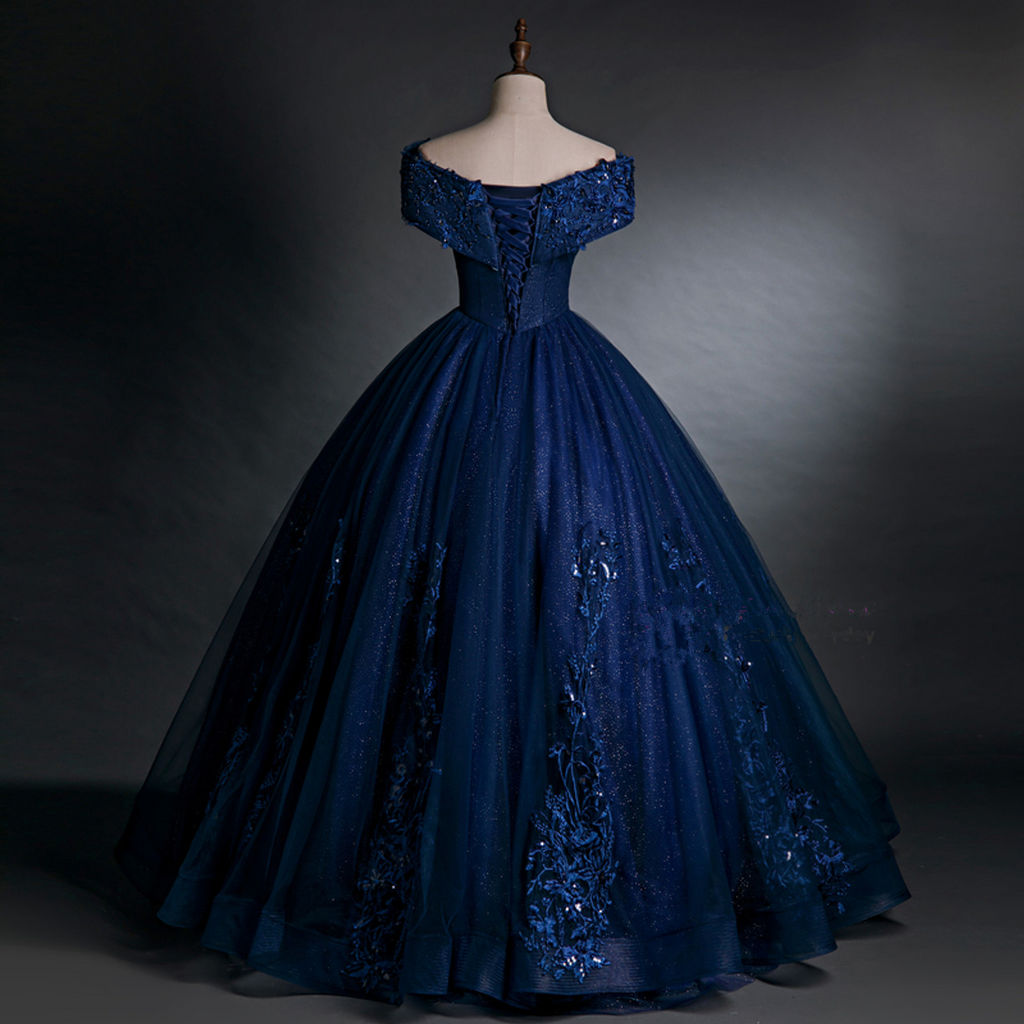 Wunderschönes Marineblaues Ballkleid mit Perlenapplikationen und schulterfreiem Abendkleid Y7677