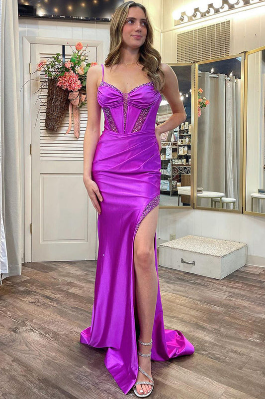 Olivgrün | Lila Herzausschnitt Satin Meerjungfrau Langes Ballkleid mit Schlitz