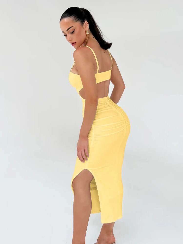 Tossy Women's Backless Cut Out Bodycon Maxi Dress Fashion Sleeveless Spaghetti Strap Ruched Side Slit Hem Evening Dress Female