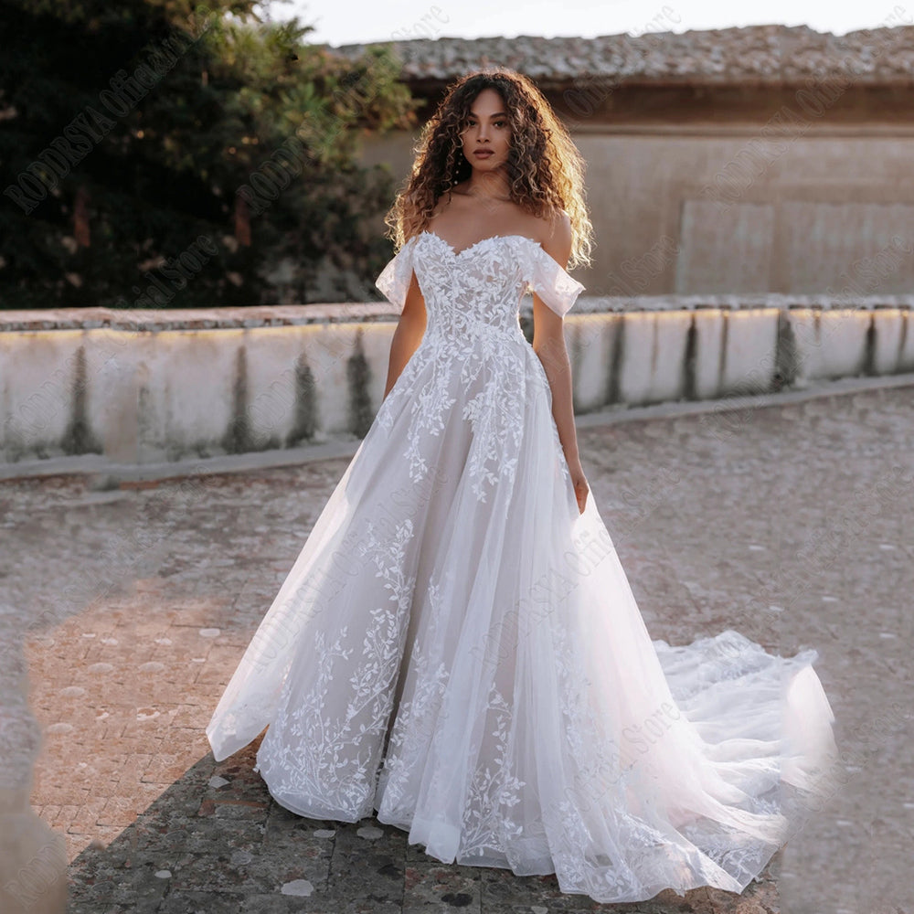 Exquisite Off Shoulder Wedding Dresses Sweetheart Applique Bride Gowns A-Line vestidos de novia playa Custom Made-payinti