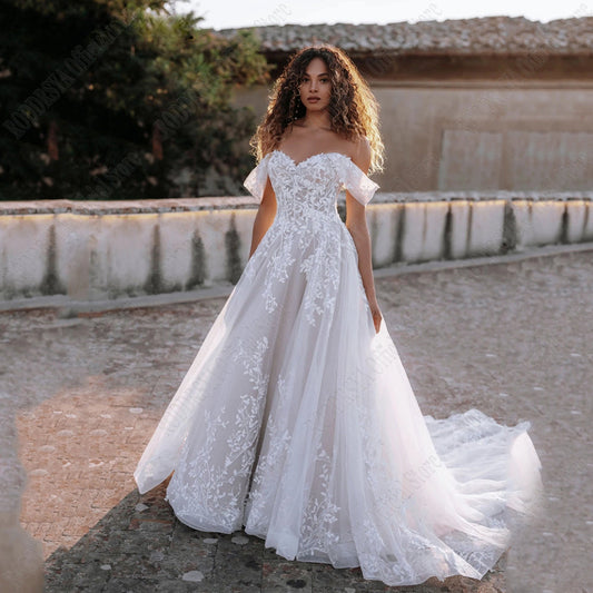 Exquisite Off Shoulder Wedding Dresses Sweetheart Applique Bride Gowns A-Line vestidos de novia playa Custom Made-payinti