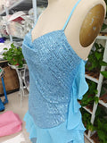 Schönes blaues Träger Pailletten Chiffon Rüschen Cocktailkleid Homecoming Kleid Y8253