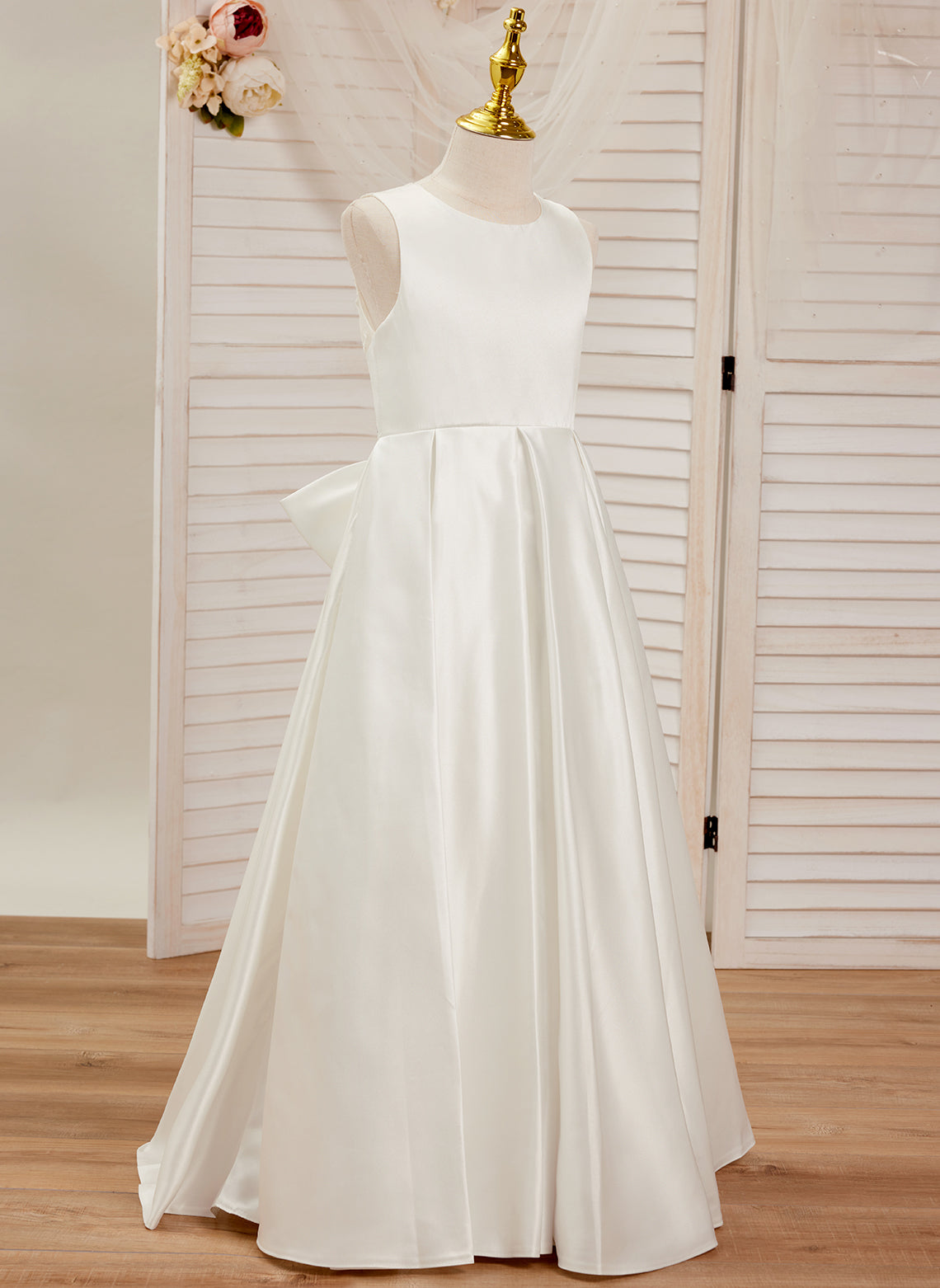 A-Linie Spitze Satin Bodenlang Erstkommunionkleid für Blumenmädchen 