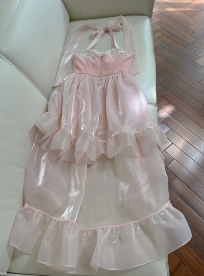 Einfaches Neckholder Rosa Tüll Perlen Perlen High-Low Rüschen Homecoming Kleid Partykleid Y8582