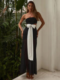TARUXY Splice Mesh Maxi Dresses For Women Sexy Bow Bandage Bodycon Off Shoulder Dress Femme Elegant Backless Evening Dress Lady
