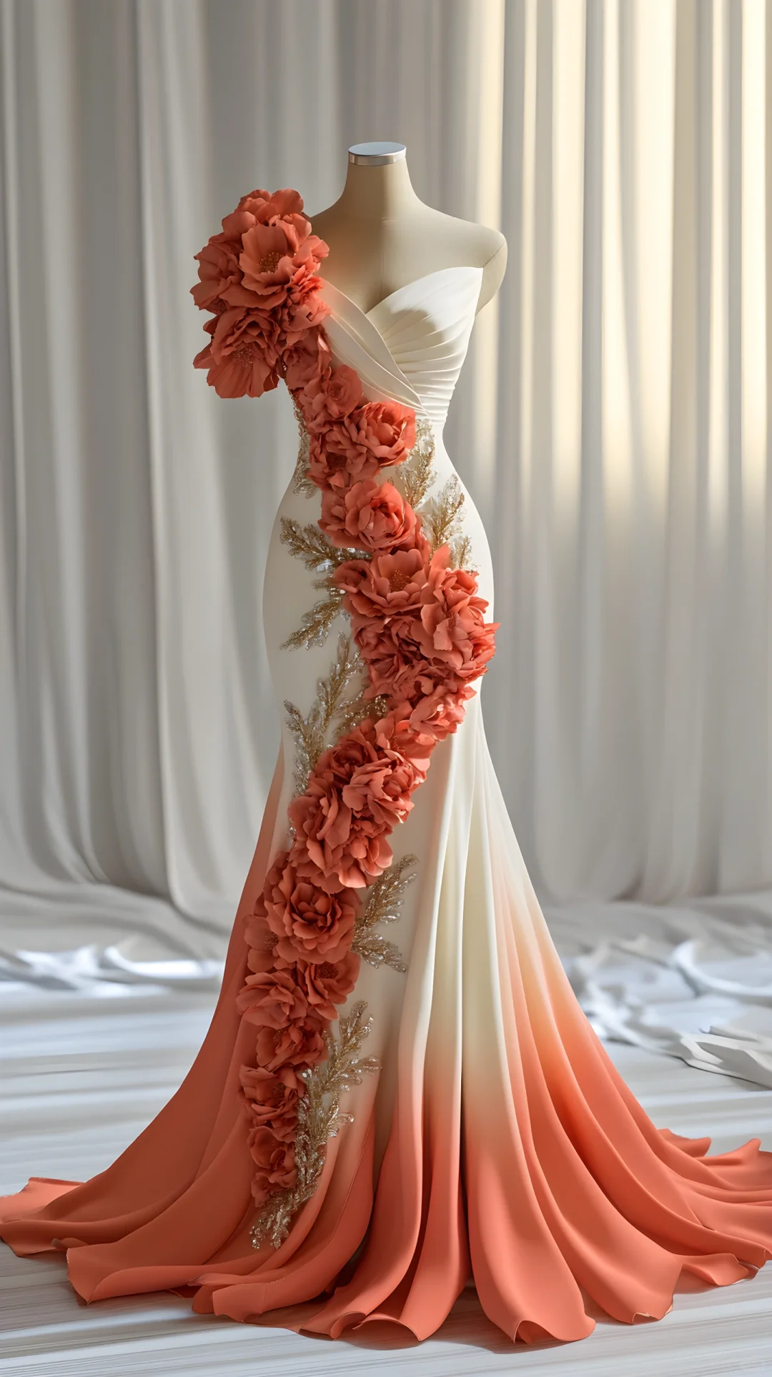 Edles Chiffon-Ballkleid mit Pfingstrosen-Blumen-Applikationen, langes Meerjungfrau-Abendkleid Y8566