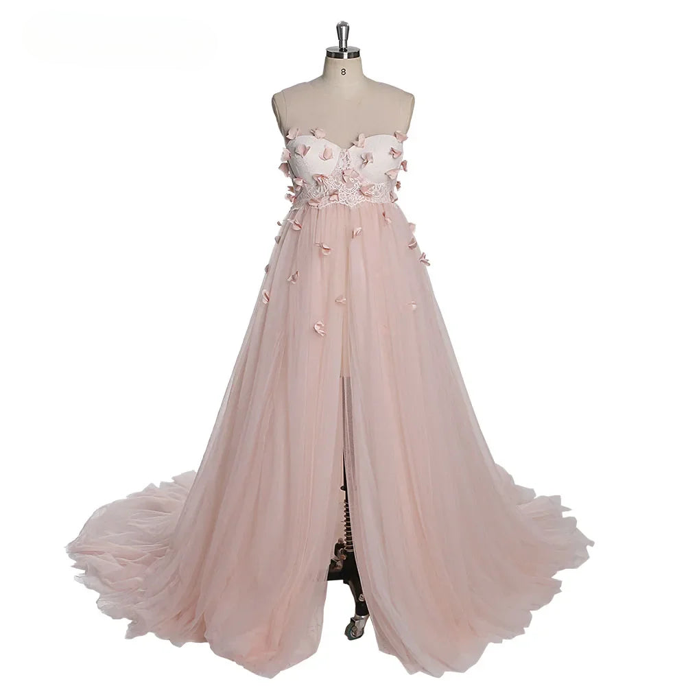 Pink Flower Shoulderless Appliques Maternity Dresses for Photo Shoot Backless Tulle Maxi Dress Sunnderly SY230330