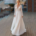 Wedding Dresses Long Sleeves Bohemian Illusion Lace Appliqued Chiffon Bridal Gowns Beach V-Neck A Line Robes De Mariée-payinti