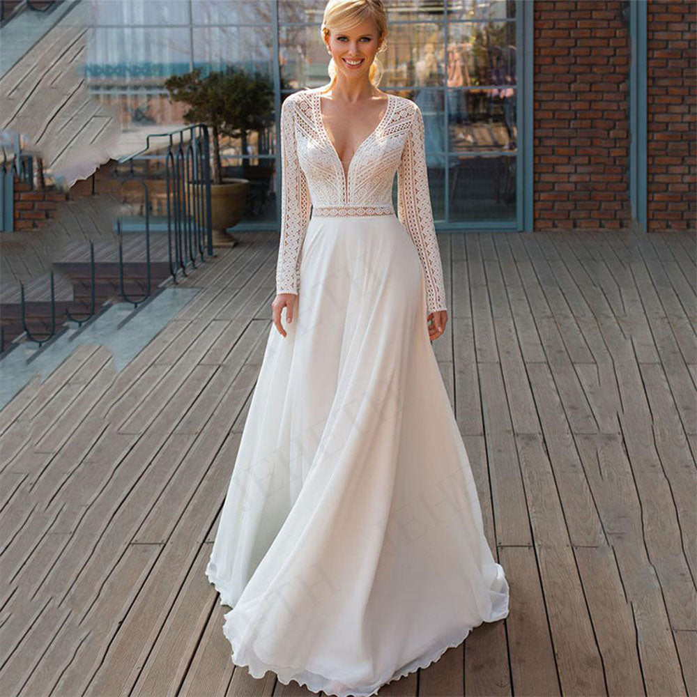 Wedding Dresses Long Sleeves Bohemian Illusion Lace Appliqued Chiffon Bridal Gowns Beach V-Neck A Line Robes De Mariée-payinti