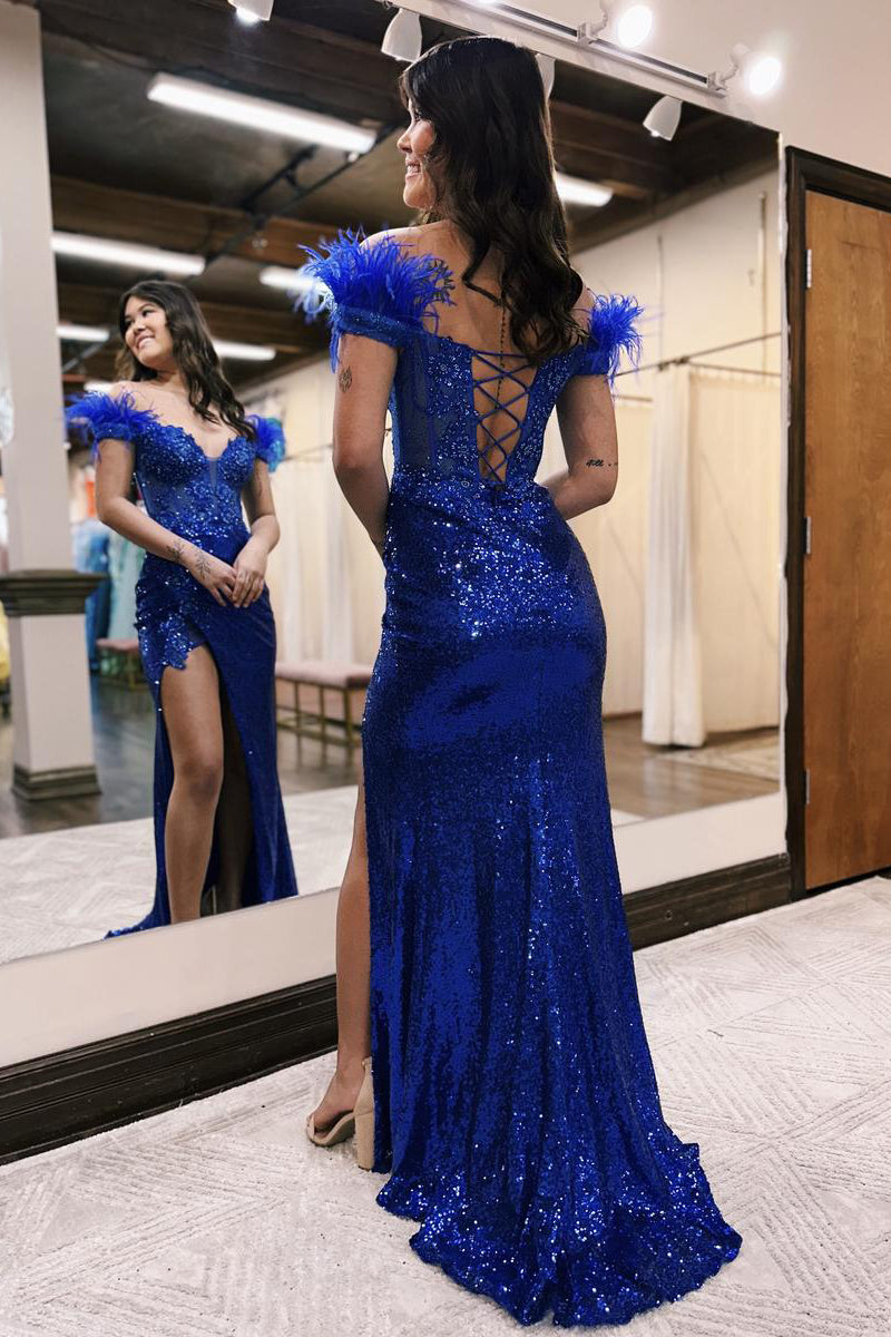 Emmy | Vestido de fiesta de sirena con hombros descubiertos, lentejuelas y encaje