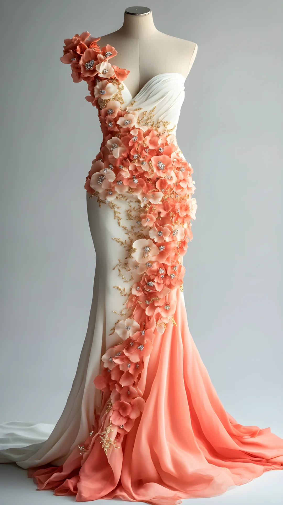 Edles Chiffon-Ballkleid mit Pfingstrosen-Blumen-Applikationen, langes Meerjungfrau-Abendkleid Y8566