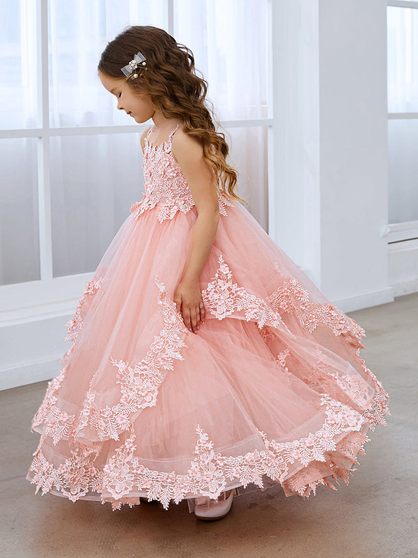 Vestido de princesa de tul sin mangas con apliques de encaje y cola larga para niñas