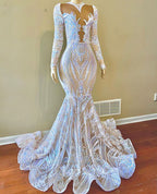 Vestido de fiesta de sirena con apliques de lentejuelas blancas y encaje con mangas largas