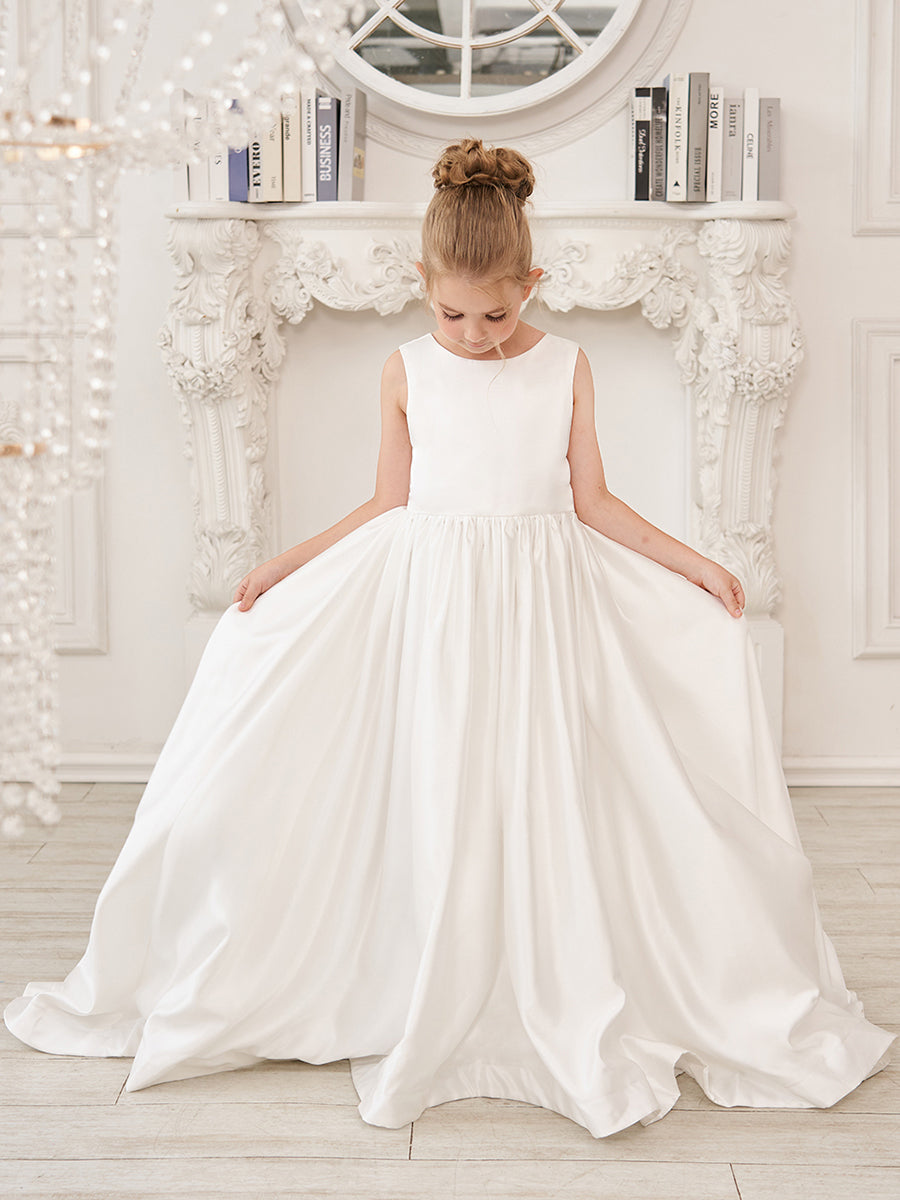 Vestido de niña de las flores de satén sin mangas, corte princesa, con cola larga y lazo