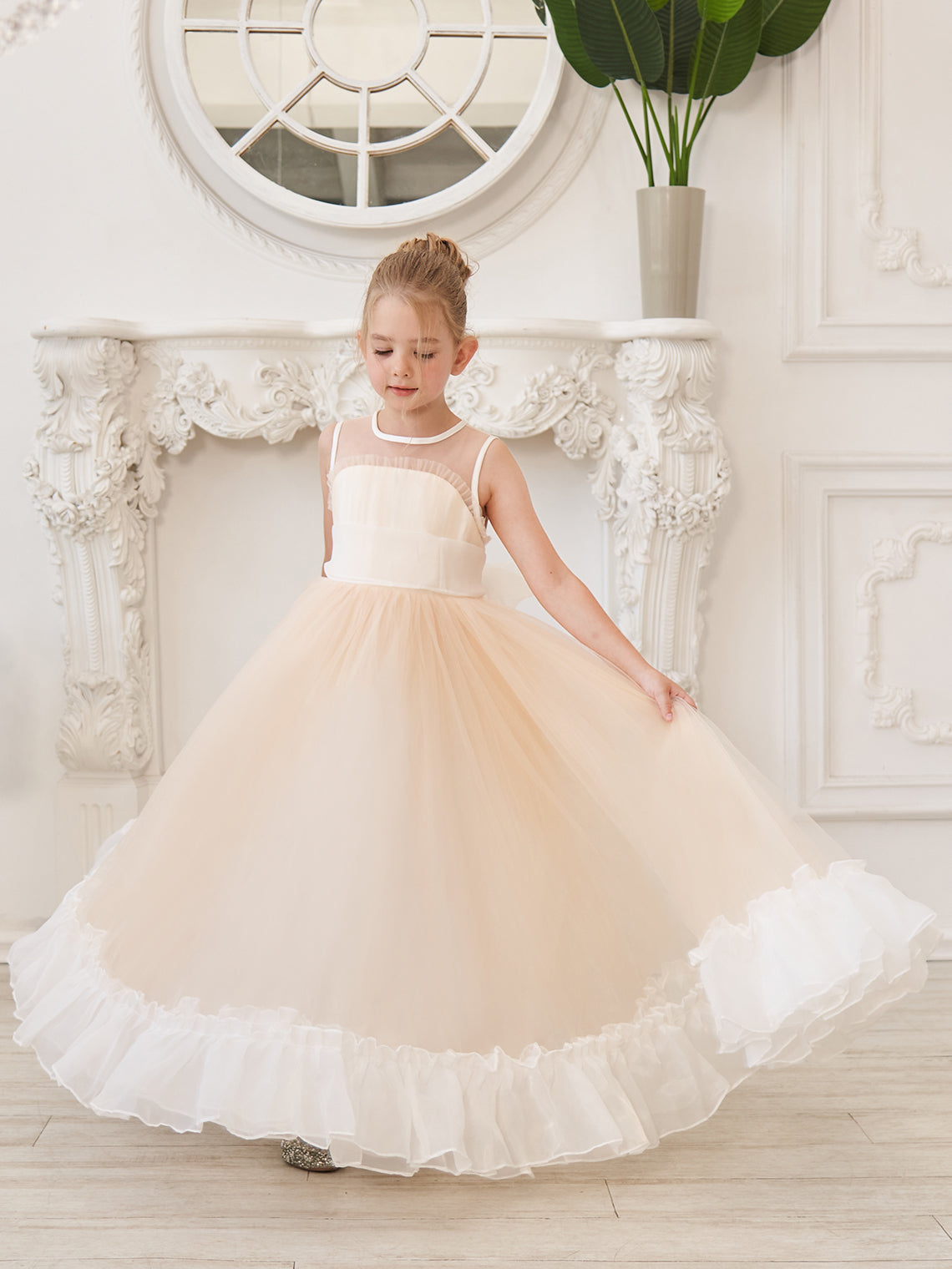 A-Linie Organza Tüll Bodenlang Rosa Kleid (010226975) 