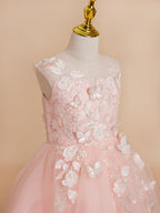 Duchesse-Linie/Princess-Linie Tüll Asymmetrisch Rosa Blumenmädchenkleid 