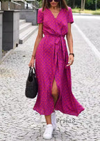 New V Neck Print Side Open Tie Waist Cotton Dress Summer