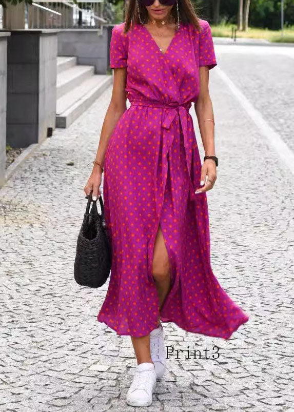 New V Neck Print Side Open Tie Waist Cotton Dress Summer