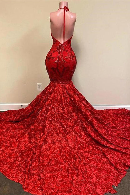 Vestido de fiesta sexy de sirena con escote en V profundo, espalda abierta, tirantes finos y lentejuelas en color rojo