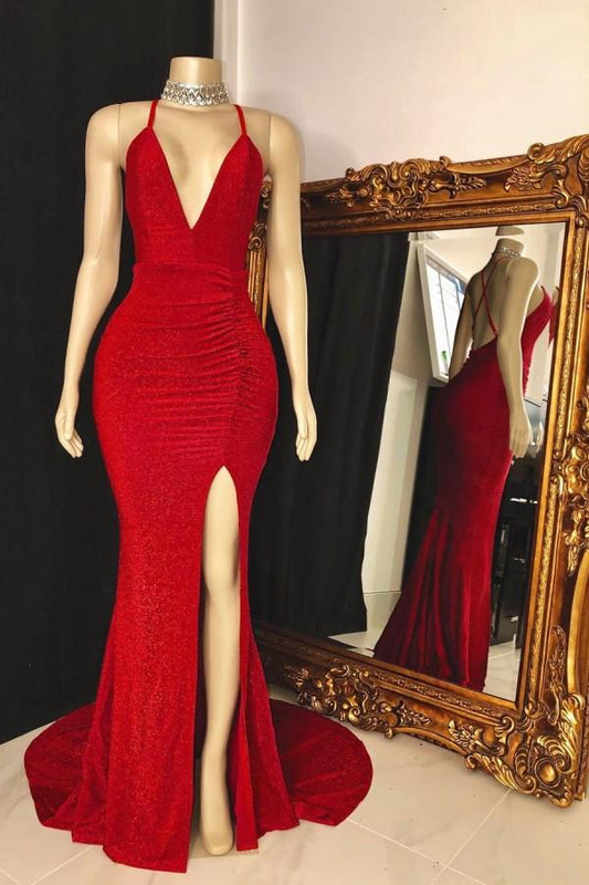 Vestido de fiesta sin mangas con escote en V y cuello halter con abertura atrevida