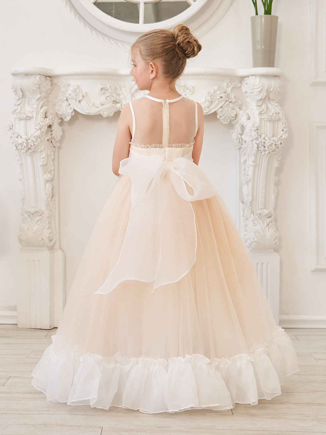 Vestido rosa de tul y organza con corte en A hasta el suelo (010226975)