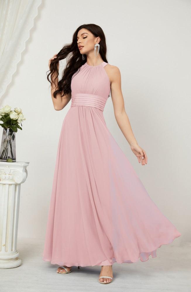 Vestido formal de fiesta Sunnderly de gasa con cuello halter, largo y sin mangas, para dama de honor SY2802 