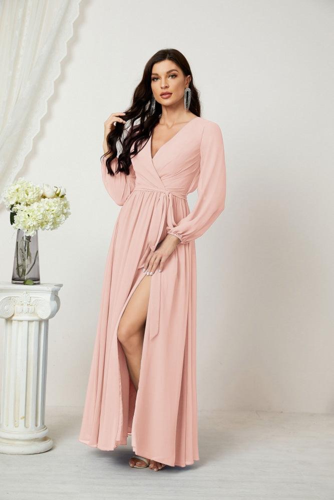 Vestidos de noche Sunnderly con escote en V profundo, gasa, para dama de honor, manga larga de obispo, abertura lateral, vestido formal SY2806 