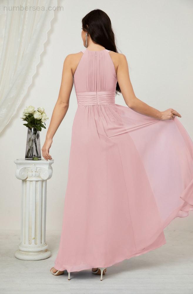 Vestido formal de fiesta Sunnderly de gasa con cuello halter, largo y sin mangas, para dama de honor SY2802 