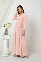 Vestidos de noche Sunnderly con escote en V profundo, gasa, para dama de honor, manga larga de obispo, abertura lateral, vestido formal SY2806 