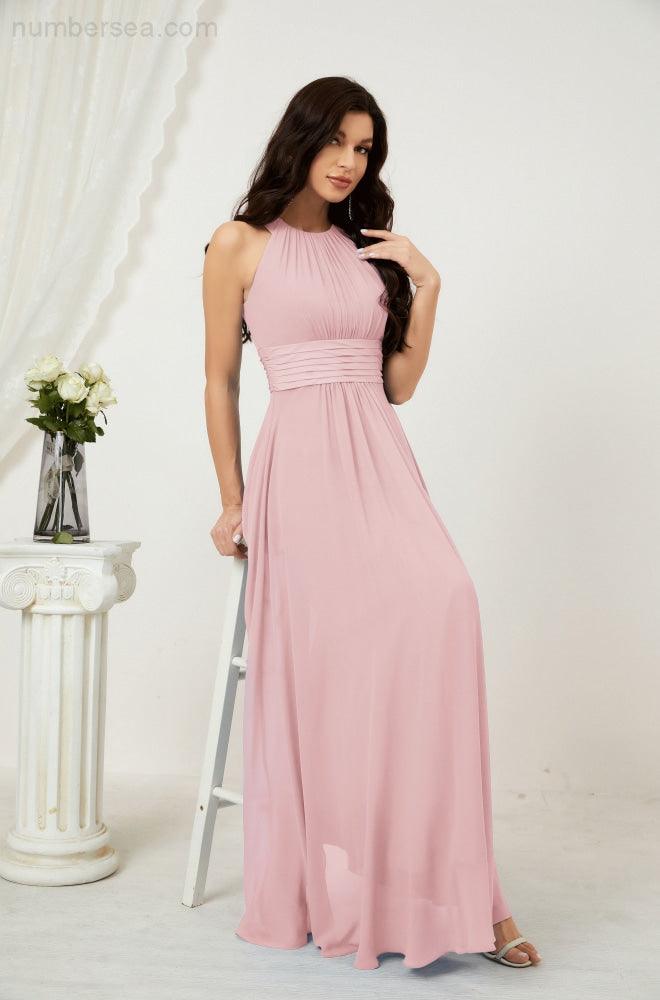 Vestido formal de fiesta Sunnderly de gasa con cuello halter, largo y sin mangas, para dama de honor SY2802 