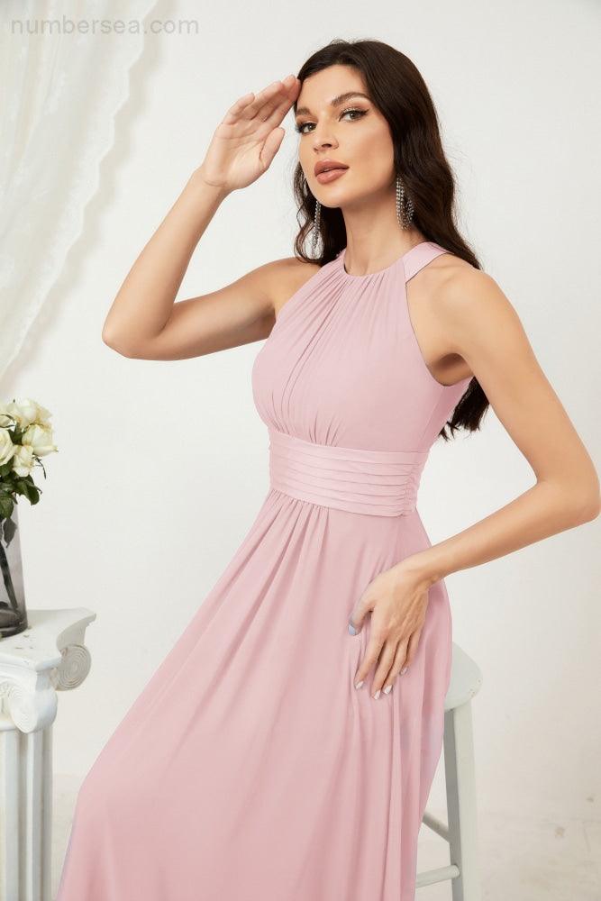 Vestido formal de fiesta Sunnderly de gasa con cuello halter, largo y sin mangas, para dama de honor SY2802 