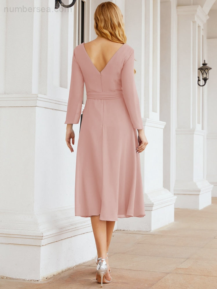 Vestido de dama de honor con escote en V y cinturón para madre de la novia, invitada de boda SY28031 