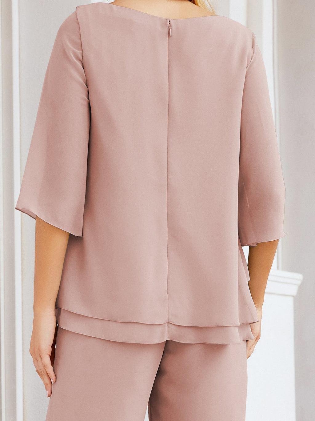 Elegante vestido de dos piezas para madre de la novia, talla grande, pantalón, capas con volantes, bata plateada SY28064 