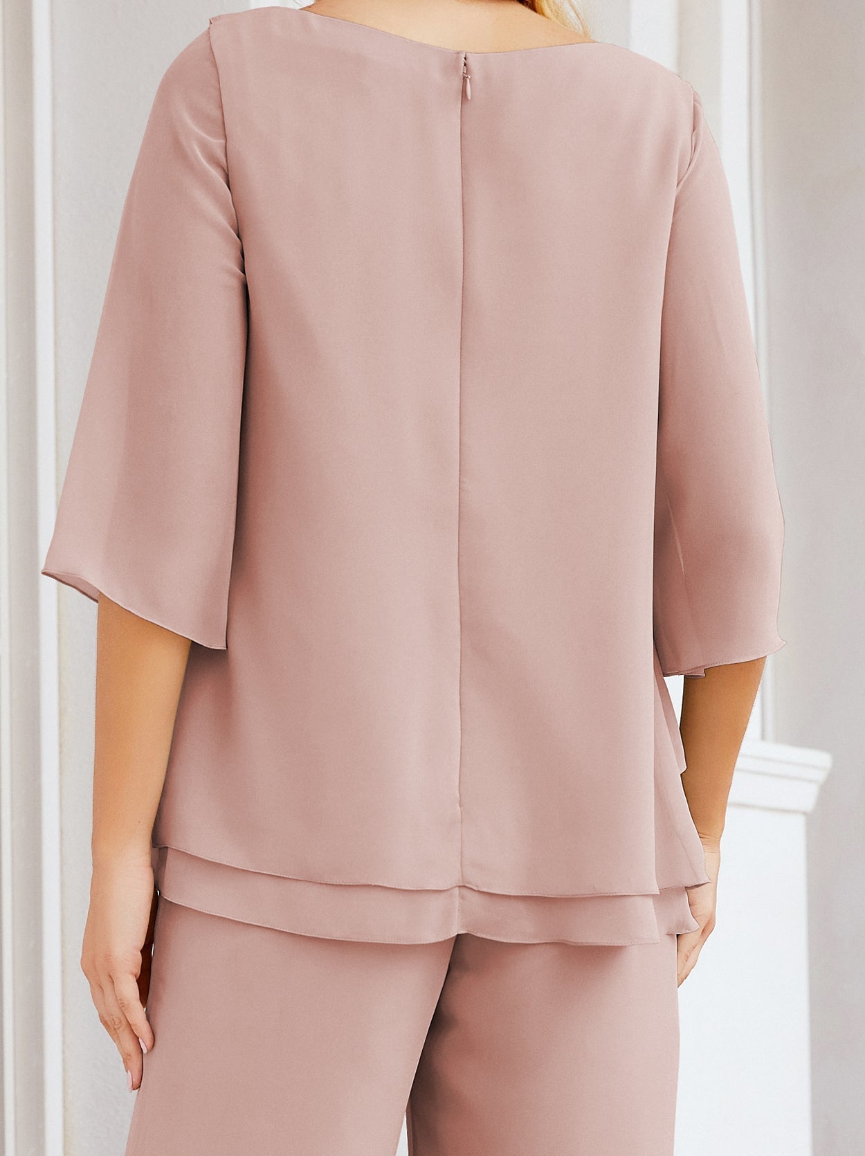 Elegante vestido de dos piezas para madre de la novia, talla grande, pantalón, capas con volantes, bata plateada SY28064 