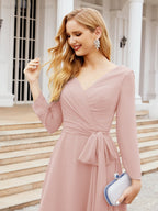 Vestido de dama de honor con escote en V y cinturón para madre de la novia, invitada de boda SY28031 