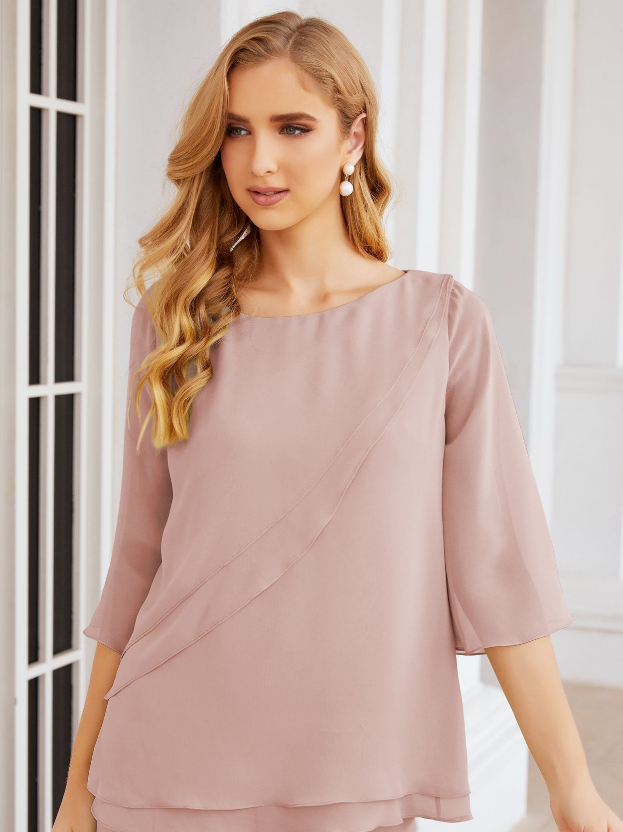 Elegante vestido de dos piezas para madre de la novia, talla grande, pantalón, capas con volantes, bata plateada SY28064 
