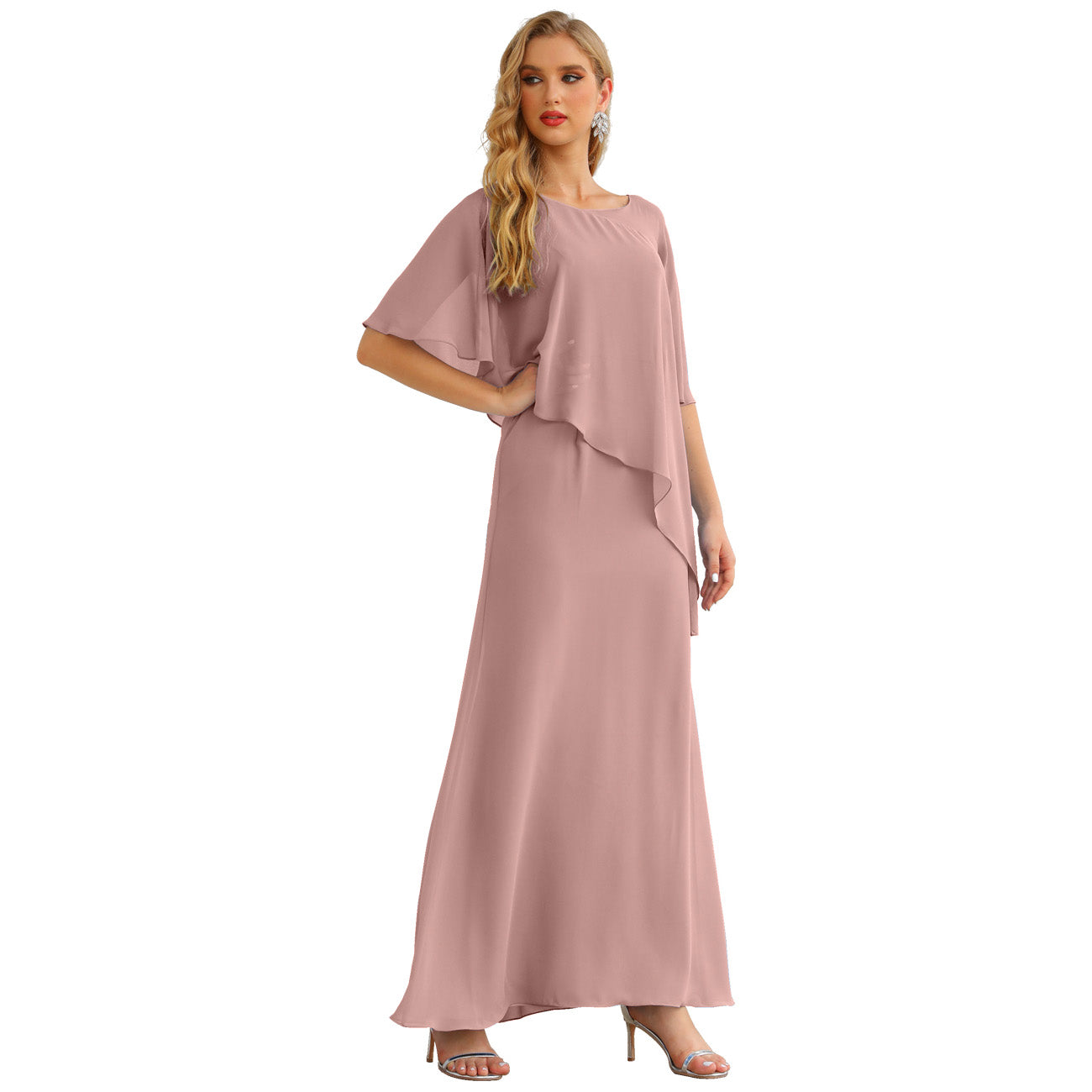 Sunnderly Chiffon Plus Size Mother of The Bride Dresses Formal Prom Gown Ruffle Cape