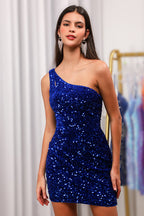 Vestido corto de fiesta con lentejuelas azul real, un hombro y abertura en la espalda
